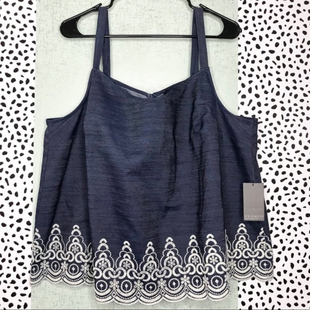 Eloquii Boho Blue Chambray Top w/ Scalloped Hem